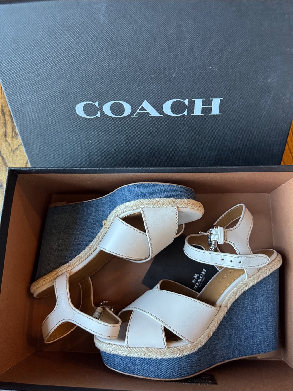 New Coach Eaton Chalk Platform Wedge Sandals Ivory & Denim size 6 - Picture 6 of 8
